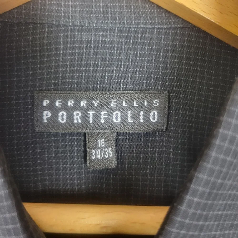 Perry Ellis Black Small Check Long Sleeve Button Down Shirt Size 16 34/35